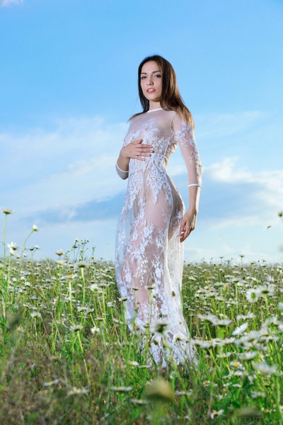 Angelic brunette Gabriele presents her fabulous pale body on the meadow  in Metart set Lace In Nature