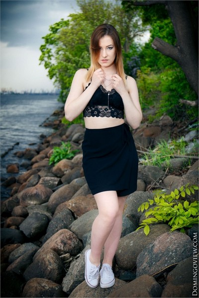 Pale ginger vixen spreading her legs and baring meaty muff by the river  in Domingo View set Sabrina