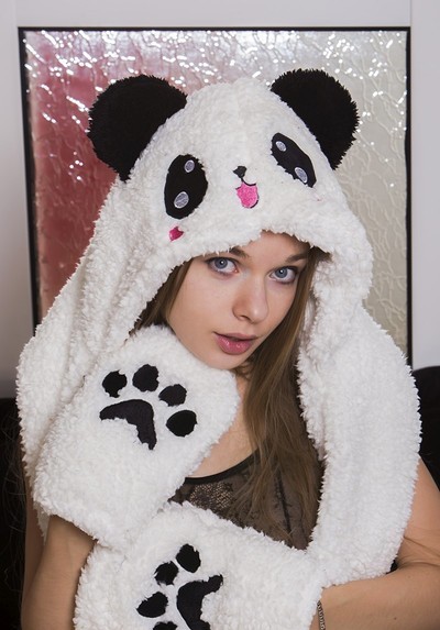 Hot girl Milena takes off her panda jacket and starts posing naked like she is addicted  in Milena Angel set Kawaii