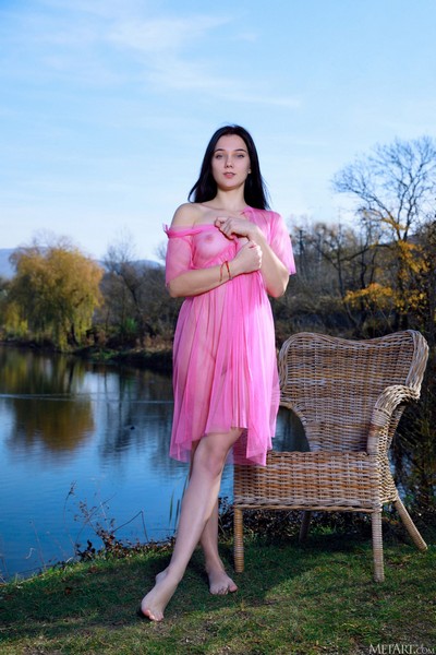 Gorgeous girl posing by the lake in a sheer gown that reveals more than it conceals  in Metart set Sheer Pink