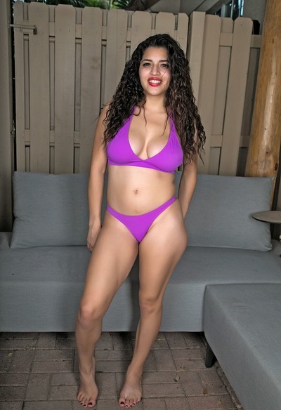 Gabriela Lopez a chick in purple lingerie unveils her big melons and shaved pussy  in Cosmid set Gabriela Is Purple Bikini
