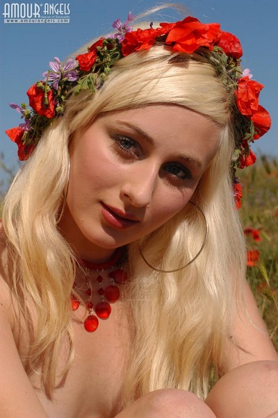 Natasha stripping naked her beautiful body in red flowers and smiling teasingly at camera  in Amour Angels set Poppies